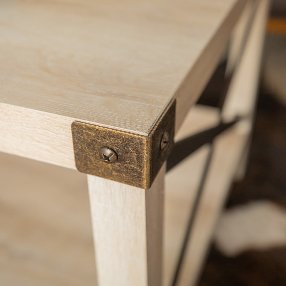 40" Farmhouse Metal "X" Coffee Table with Corner Accents, White Oak
