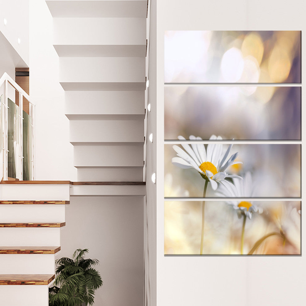 Chamomiles on Blue Background, Floral Canvas Art Print, 28"x48", 4 Panels