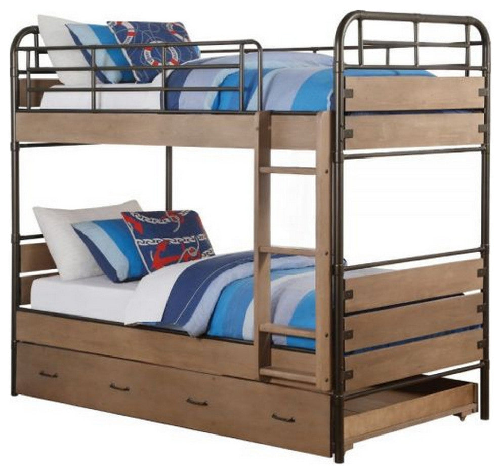 Benzara BM269015 Twin Over Twin Bunk Bed With Trundle & Guardrails, Rustic Brown