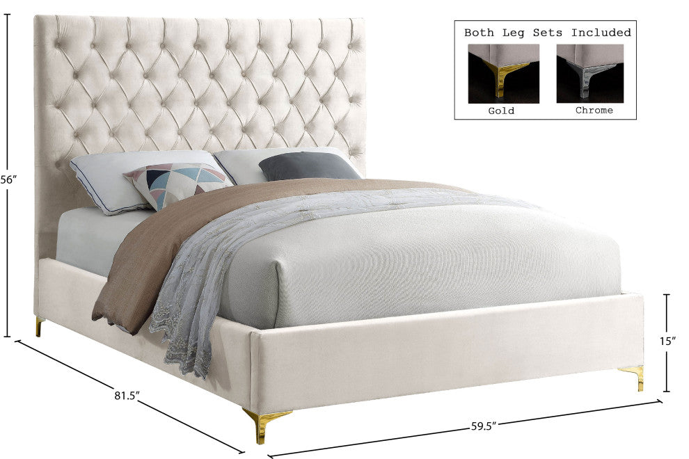 Cruz Velvet Upholstered Bed, Cream, Full