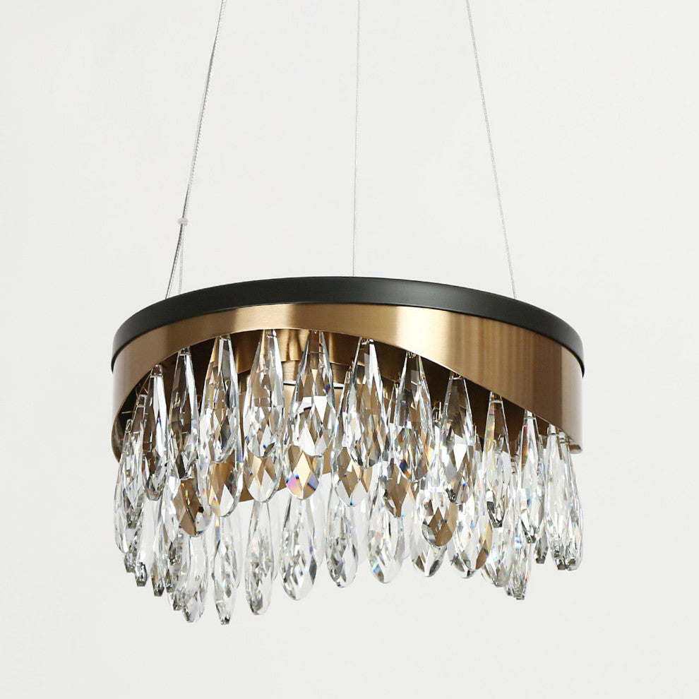 LNC Modern Black Polished Gold Drum Chandelier with Crystal Glass Drops, 11.8"w
