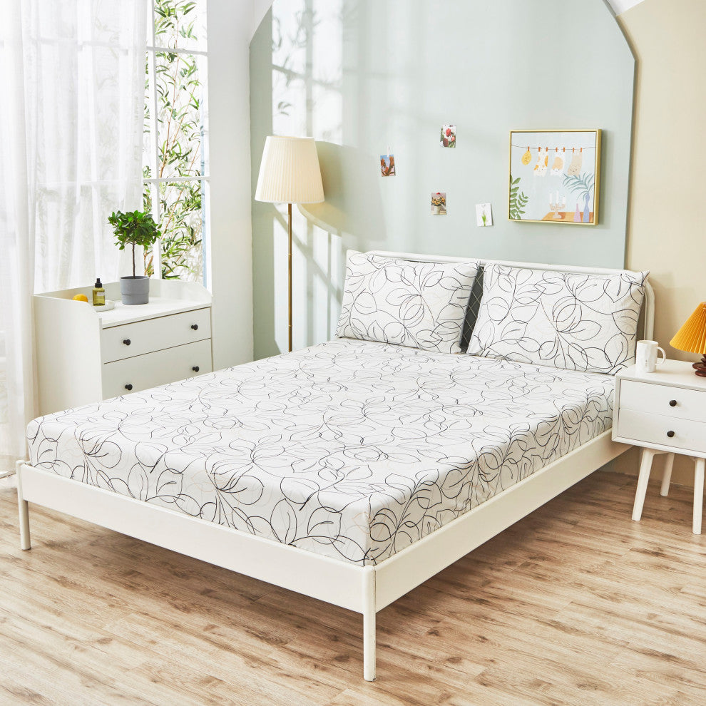 Tache Modern Leaf Foliage Abstract White Grey Black Bottom Fitted Sheet, Cal Kin