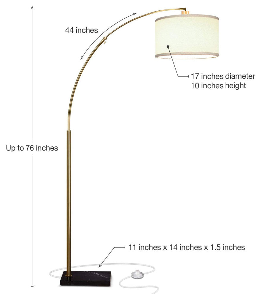 Brightech Logan - Contemporary Arc Floor Lamp w. Marble Base, Antique Brass