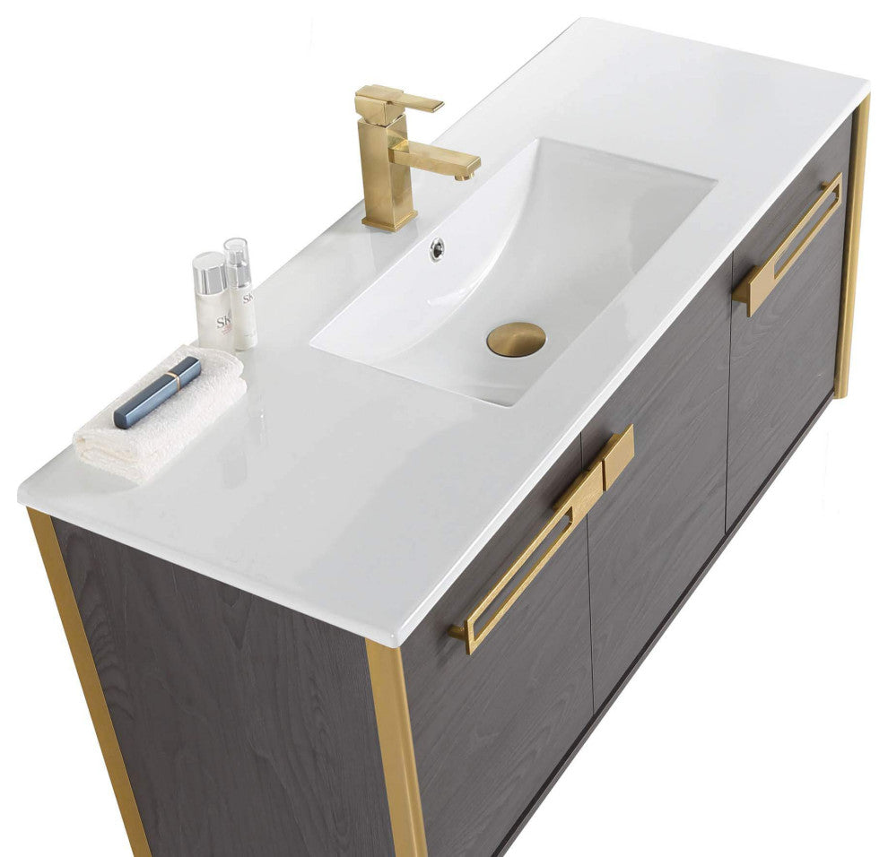 Oakville Wall Mount Bathroom Vanity, Black Coal Oak, 48", Satin Brass Hardware