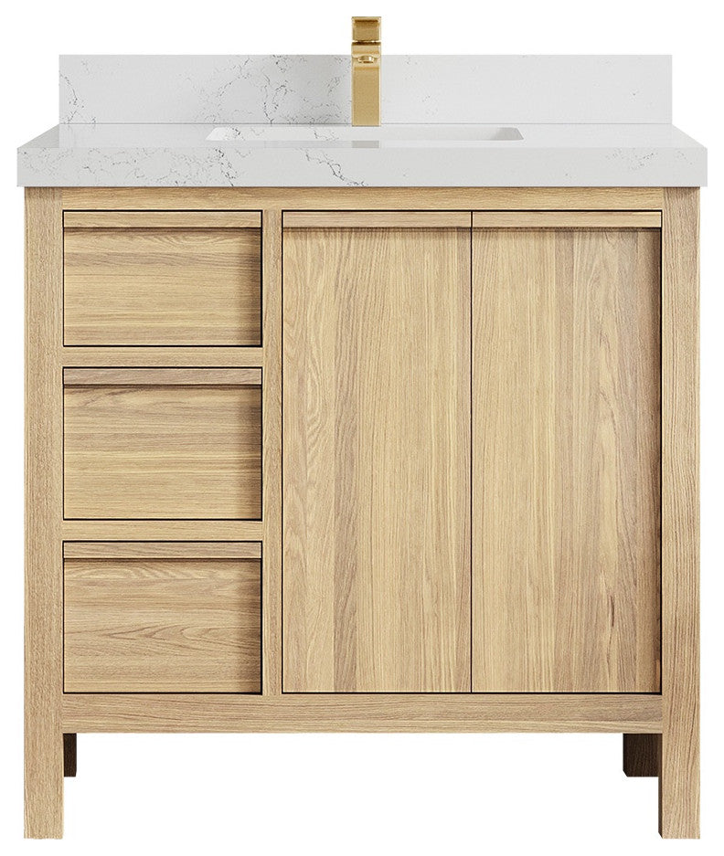 Elizabeth Oak 36" Center Sink Vanity, White 2" Empira Quartz