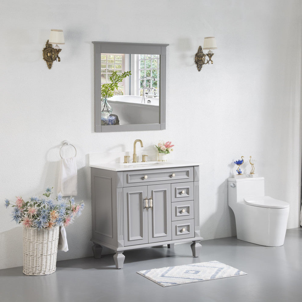 Solid Wood Bathroom Vanity with Quartz Top and cUPC Certified Sink, Titainum Grey, 36 Inch