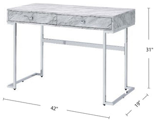 White Printed Faux Marble Writing Desk, Chrome Finish