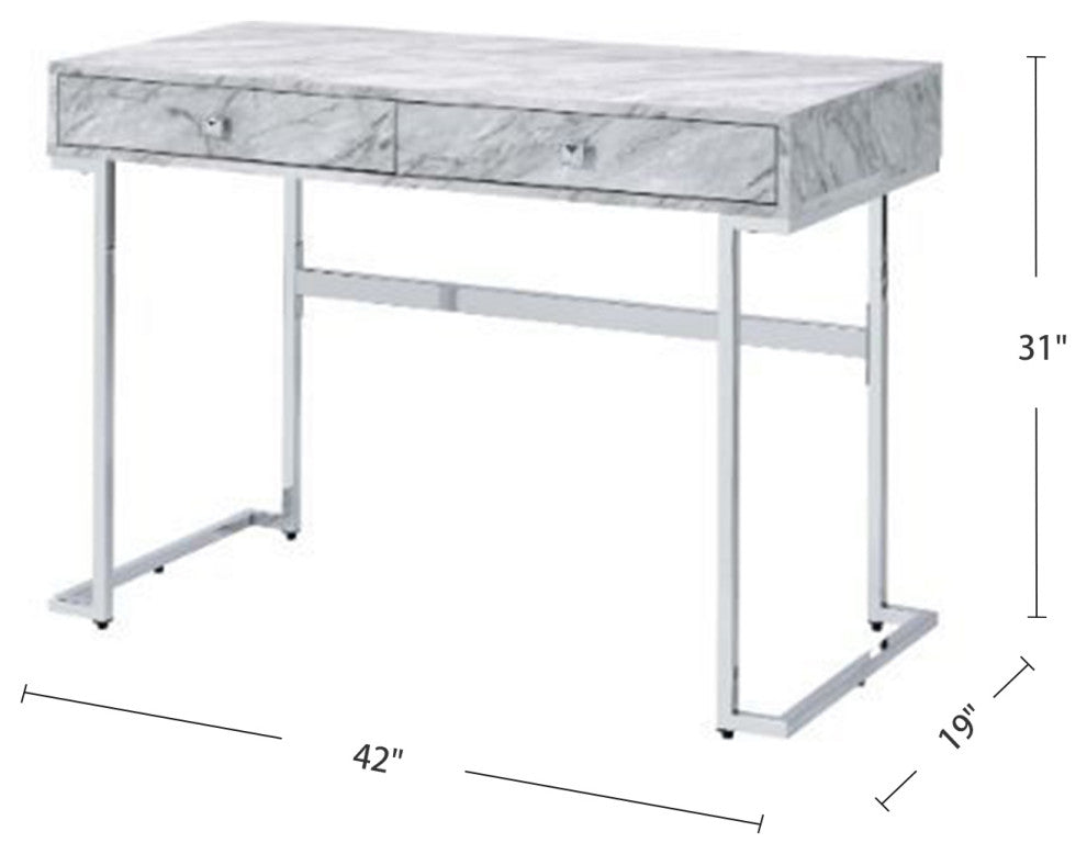 White Printed Faux Marble Writing Desk, Chrome Finish