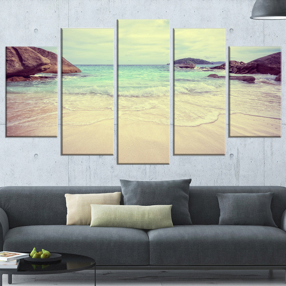 "Vintage Style Seashore Thailand" Seascape Art Canvas, 5 Panels, 60"x32"