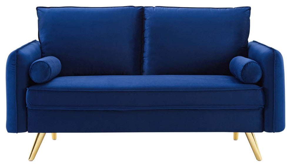 Loveseat Sofa, Velvet, Blue Navy, Modern, Living Lounge Hotel Lobby Hospitality