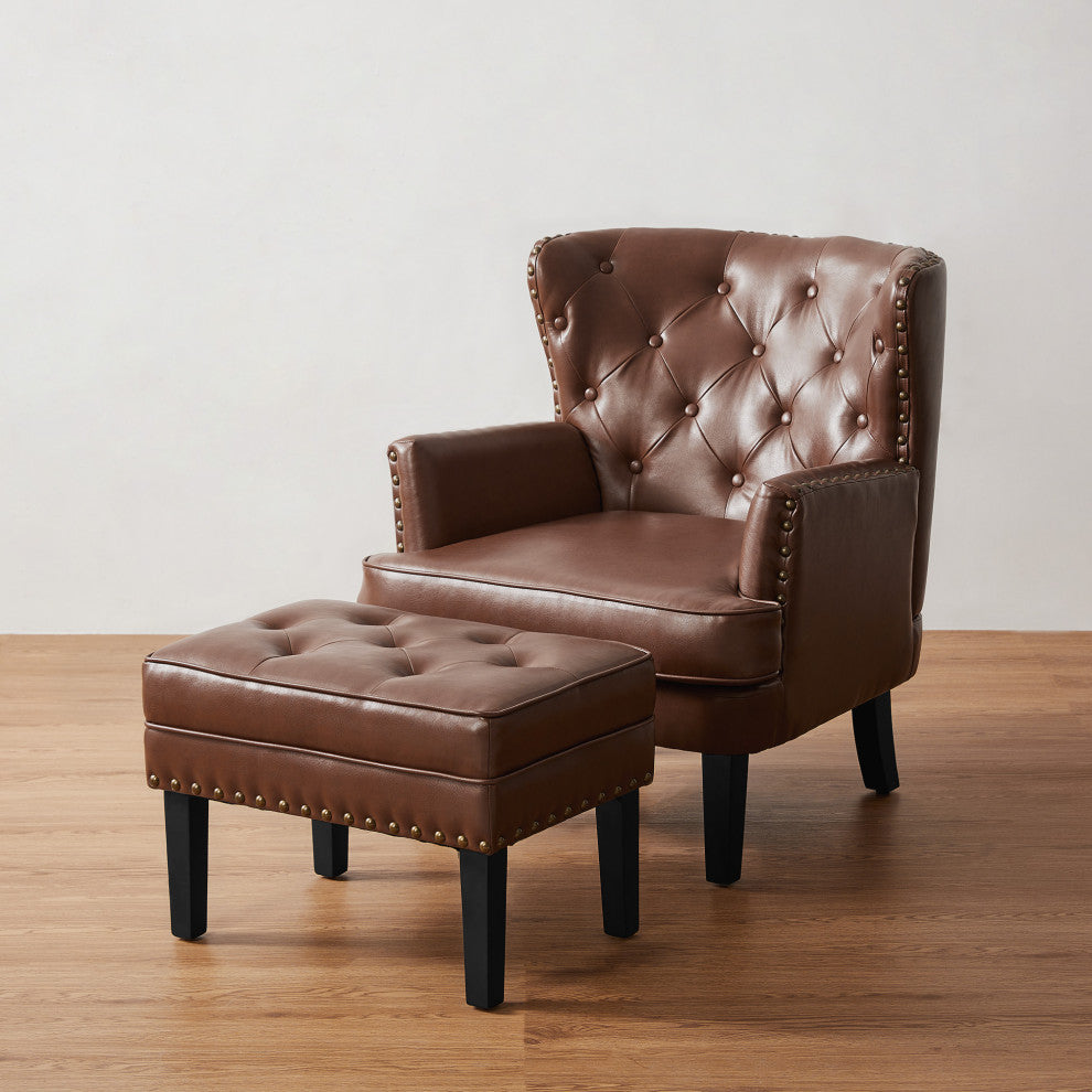 Set of 2 Accent Chair and Accent Stool, Coffee