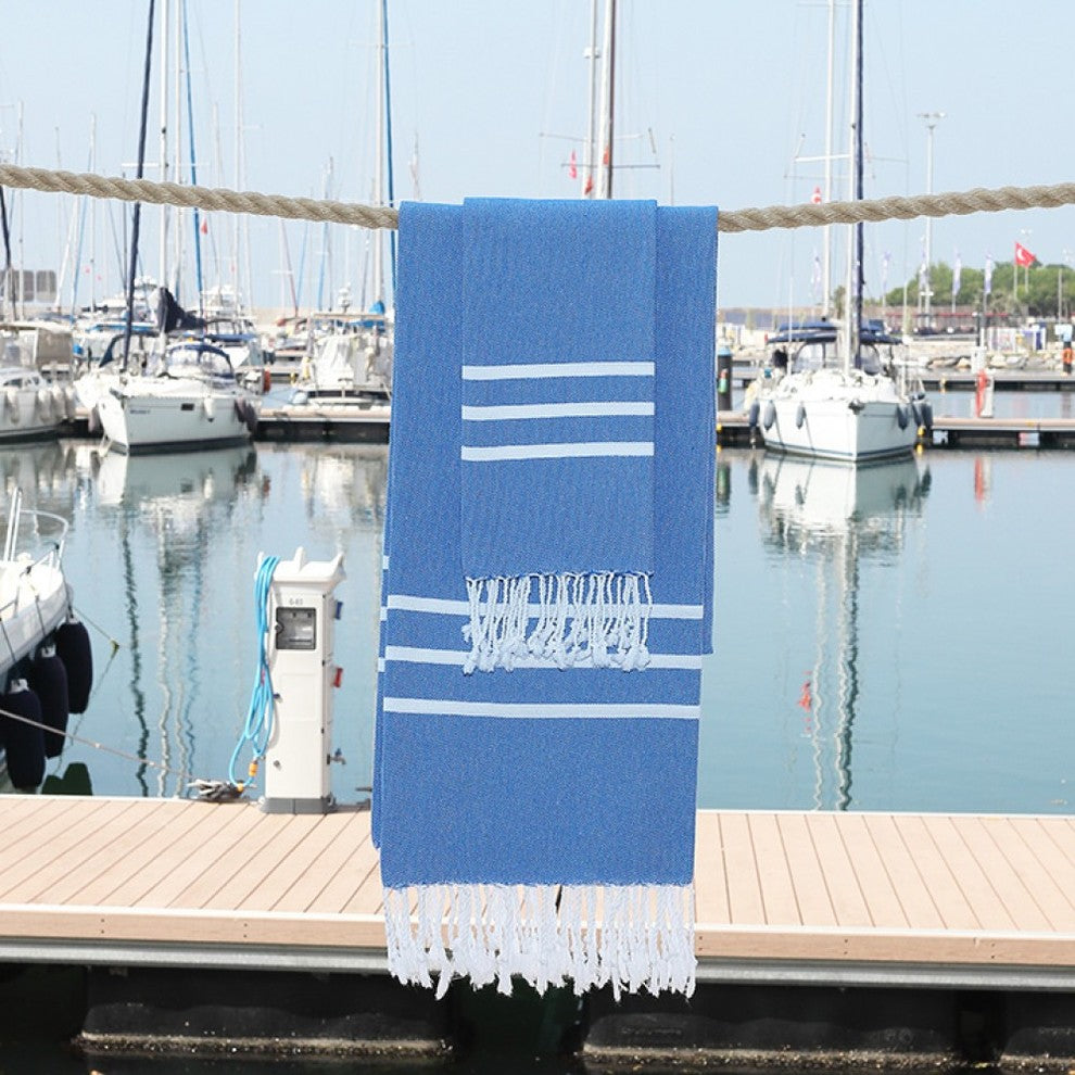 Alara Turkish Pestemal Beach Towel Set, Royal Blue/White Stripes, 38"x23"