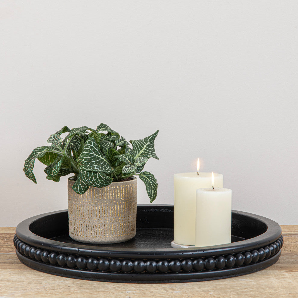 Farmhouse Decorative Round Wood Tray with Hobnail Edge, Black