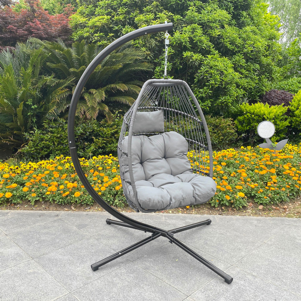 Outdoor Patio Wicker Folding Swing Chair Hanging With Bracket and Cushion Pillow