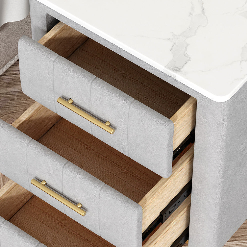 Modern Nightstand Gray Velvet Upholstered Bedside Table 3 Drawers With Stone Top