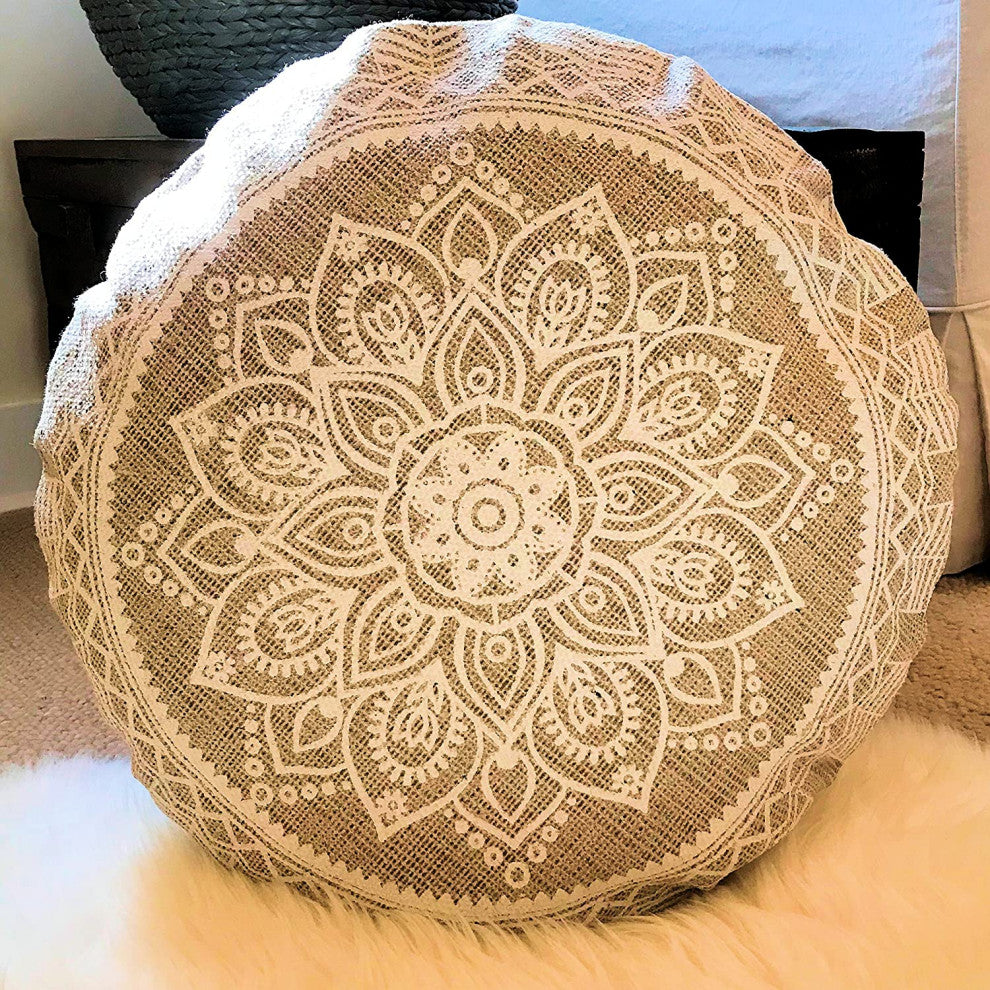 Mandala Floor Cushion, Beige and White, 22" Diameter