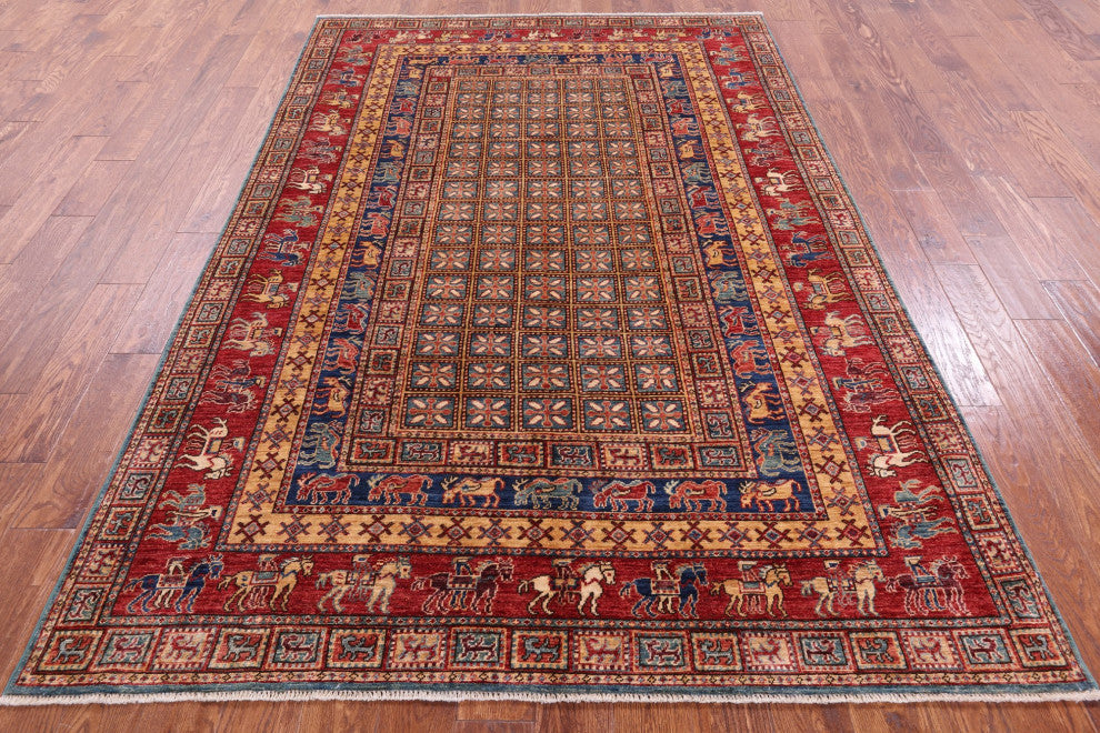Handmade Antiqued Pazyryk Historical Design Wool Rug 5' 10" X 8' 8" Q10708