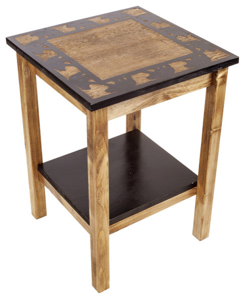 Stained and Black Square End Table With Bear Border