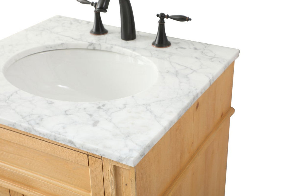 Home Living Vanity with Carrara White Marble Countertop, Natural Wood, 24", Single Sink