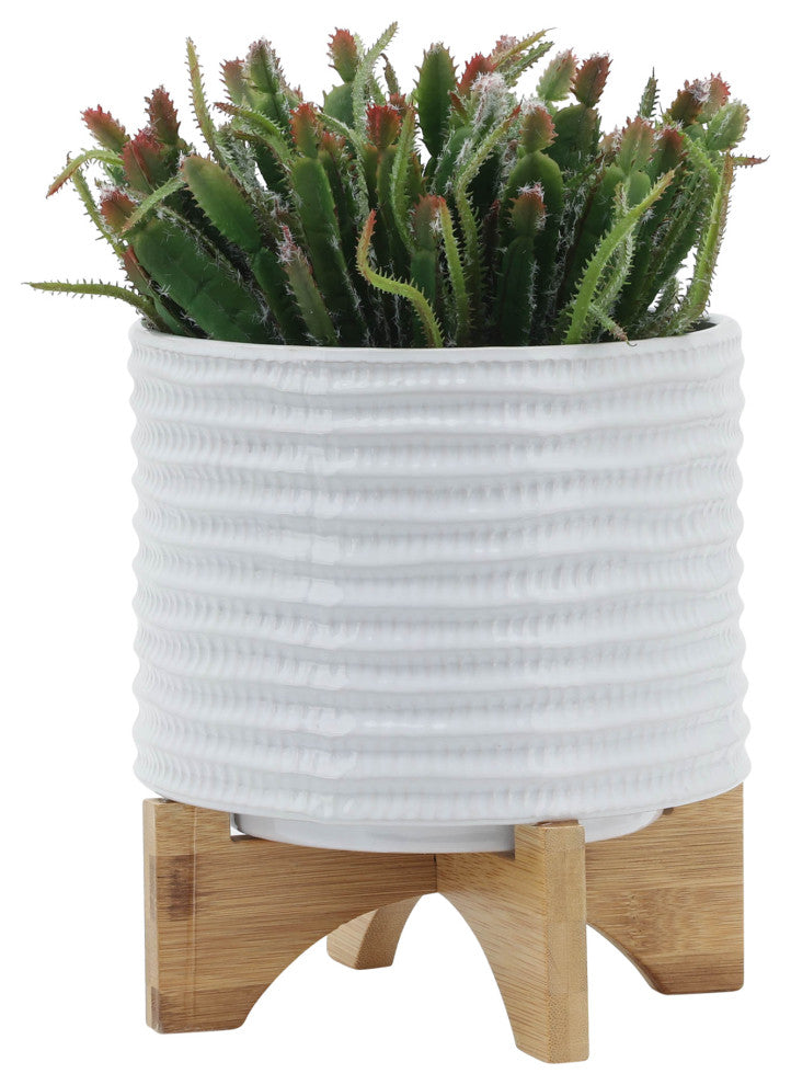 8" Textured Planter With Stand, White