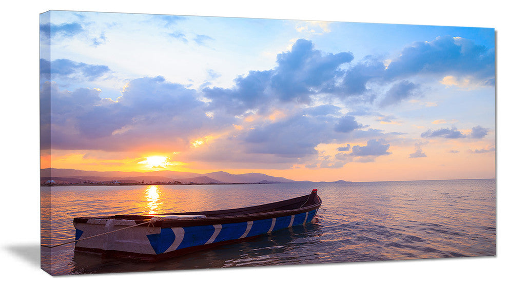 "Small Fishermen Boat At Sunset" Modern Seashore Canvas Art, 32"x16"