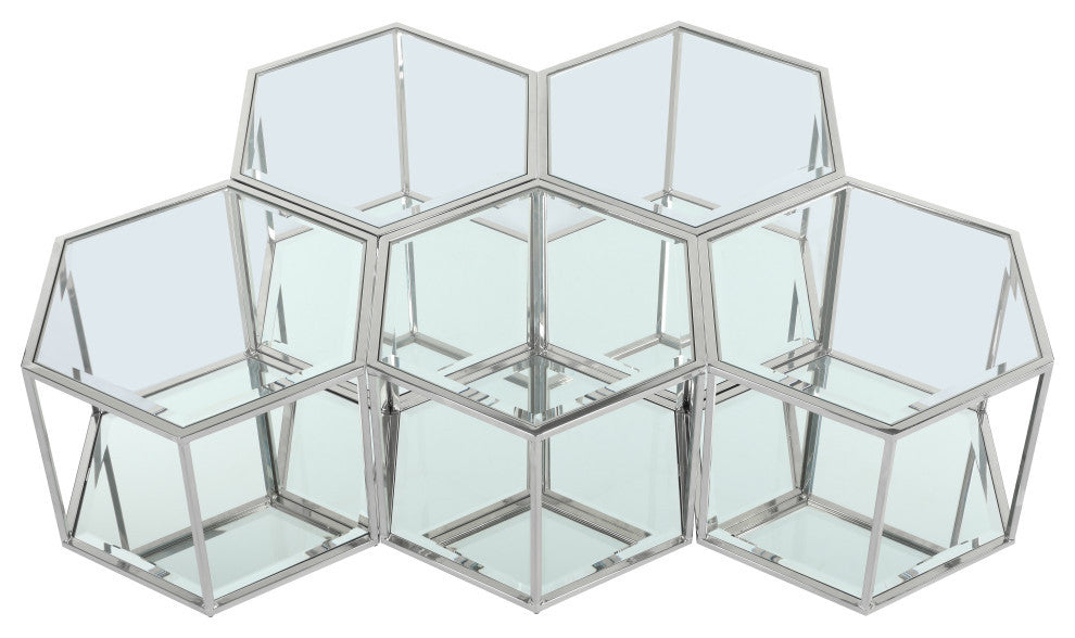 Sei Glass Top Coffee Table With Mirrored Base, Chrome, 5-Piece
