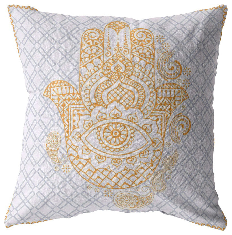 20 Gold Gray Hamsa Boho Suede Throw Pillow
