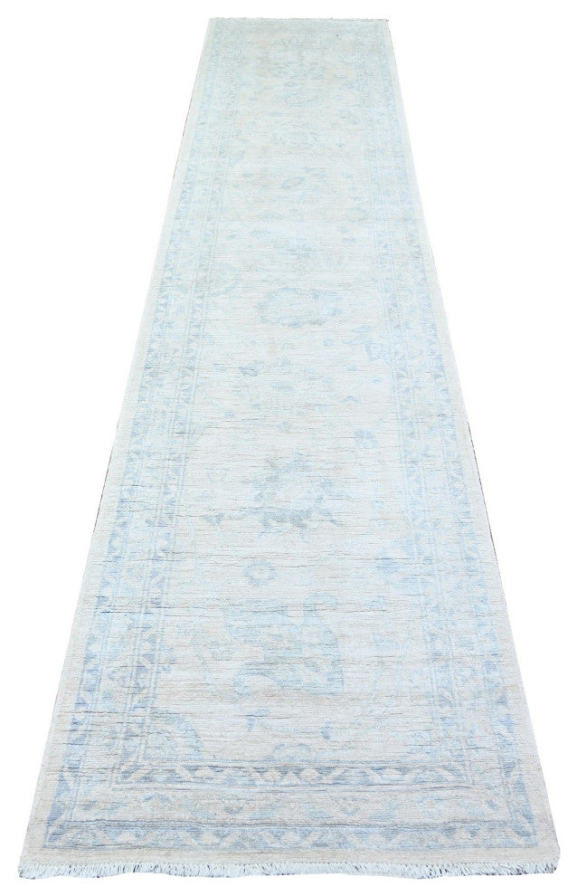 Porcelain White Wool Hand Knotted Porcelain White Runner Rug  2'7"x11'9"