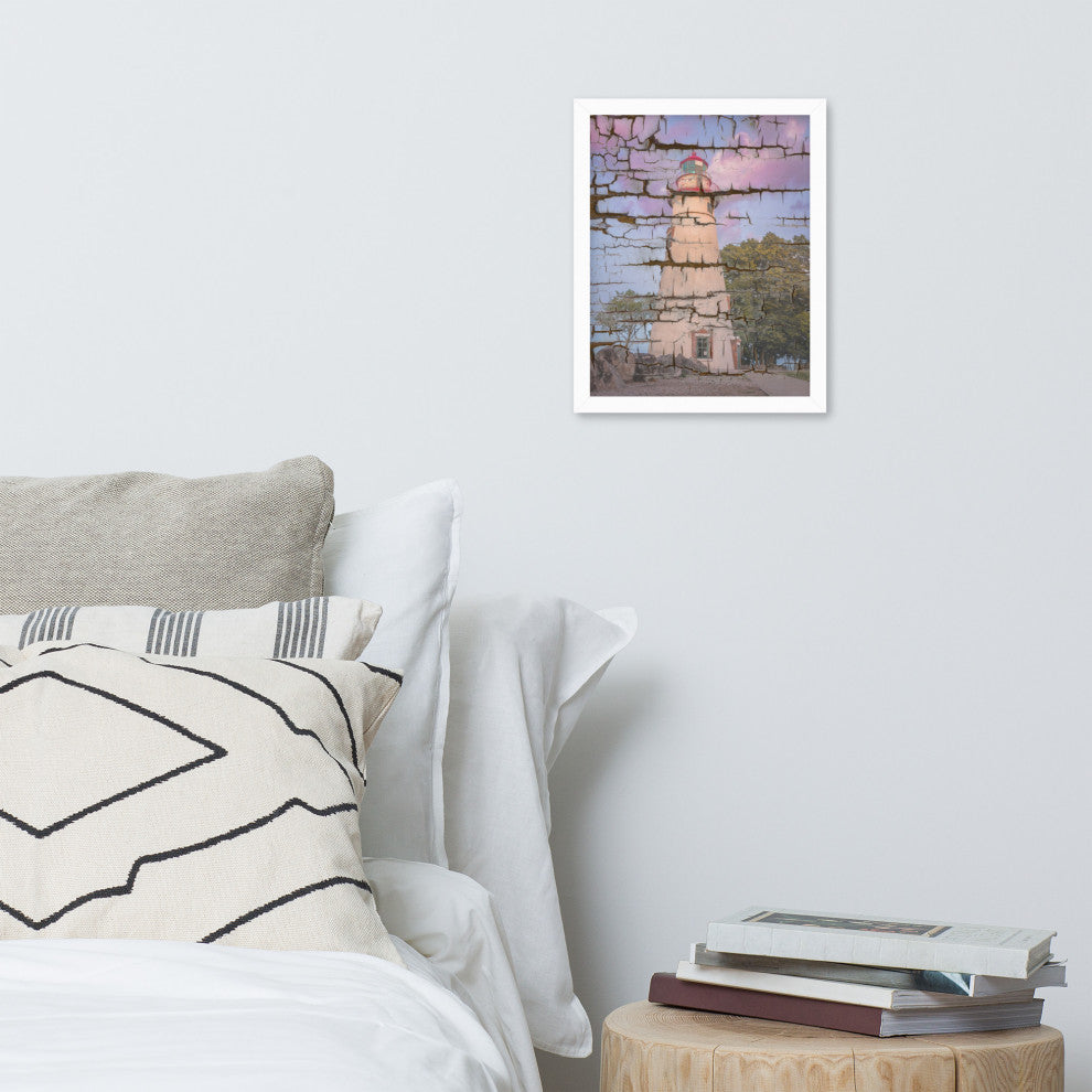 Faux Wood Texture Marblehead Lighthouse at Sunset Framed Photo Wall Art Print, White, 11" X 14"