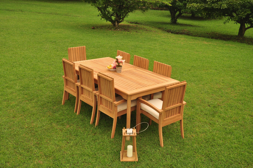 9-Piece Outdoor Teak Dining Set: 83" Rectangle Table, 8 Goa Stacking Arm Chairs