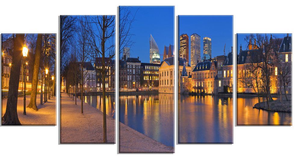 Binnenhof in the Hague Panorama, Seashore Canvas Wall Art, 60"x32", 5 Panels