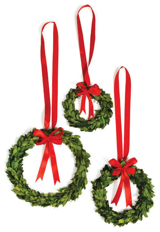 Boxwood Wreaths With Red Ribbons, Set of 3