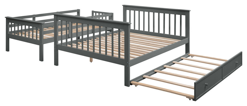 Gewnee Wood Twin-Over-Full Bunk Bed with Trundle and Stairway, Gray