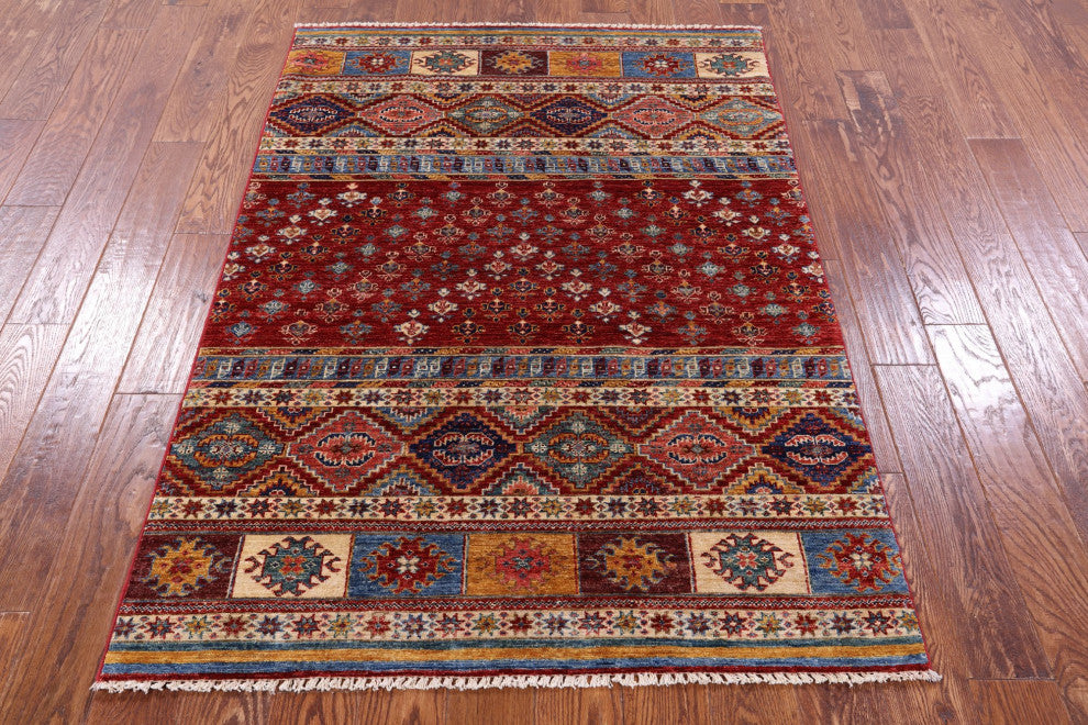 4' 1" X 5' 10" Hand-Knotted Super Kazak Khorjin Wool Rug Q10778