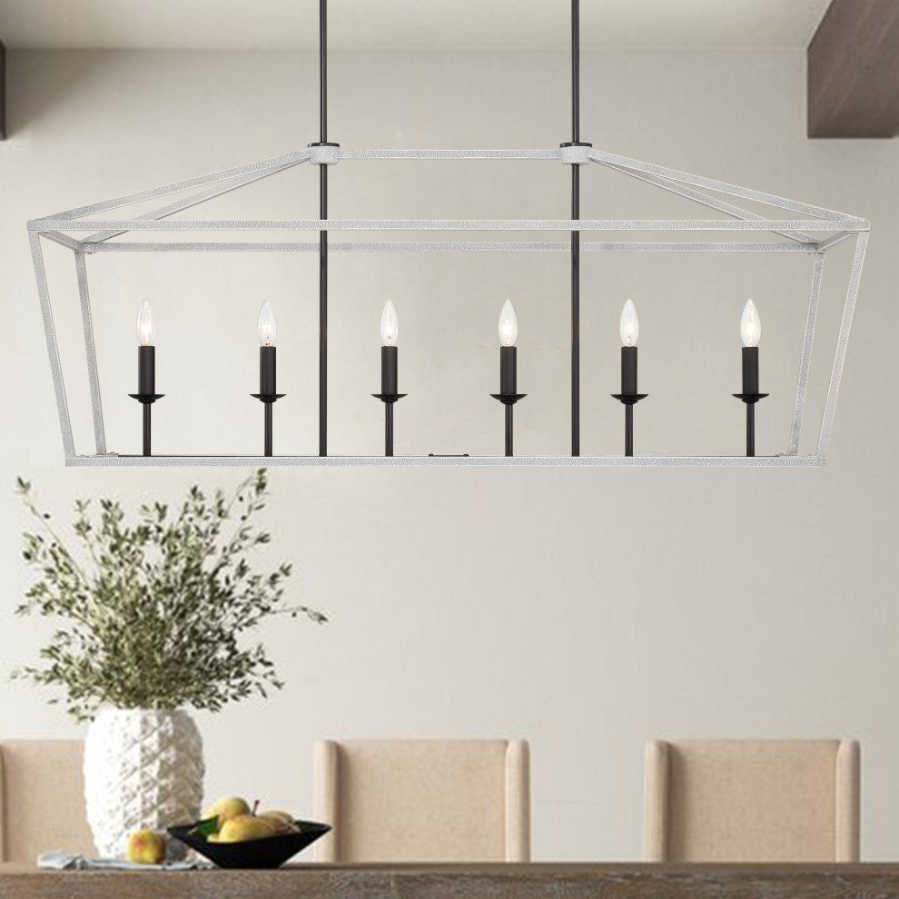 6 Light Kitchen Island Linear Pendant Chandelier, Crackle White+classic Black