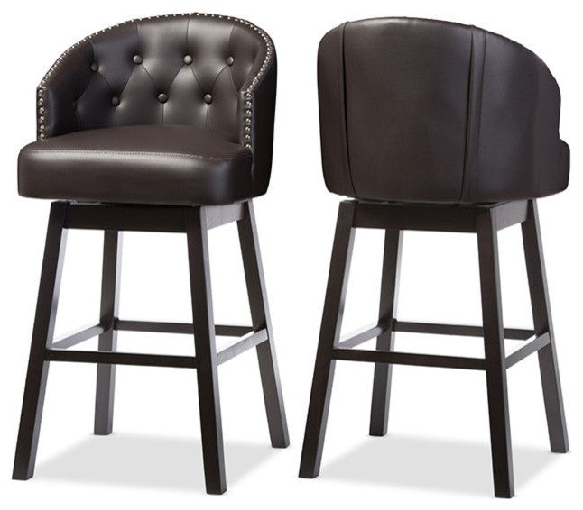Avril Faux Leather Tufted Swivel Barstool With Nail Heads Trim, Set of 2, Brown