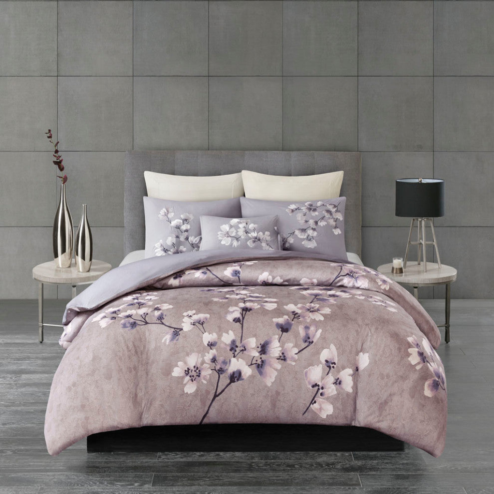 N Natori Sakura Blossom 3 Piece Cotton Sateen Printed Duvet Cover Set, Lilac