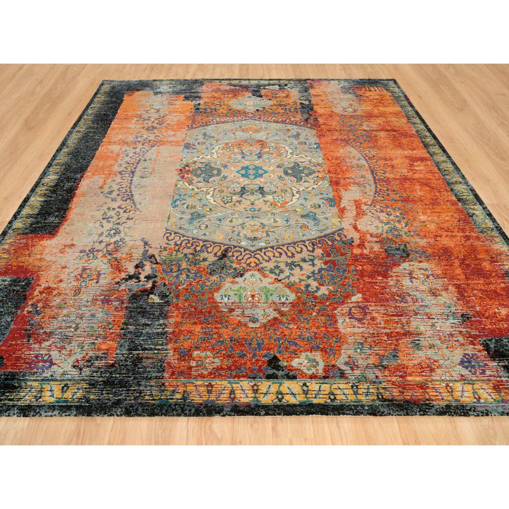 Orange Wool Hand Knotted Ancient Ottoman Erased Design Square Rug 12'1"x12'1"