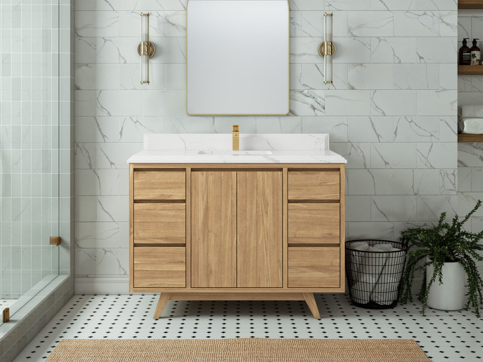 Madison Teak 48 Single Sink Bath Vanity in Light Natural 1.5" Calacatta Laza