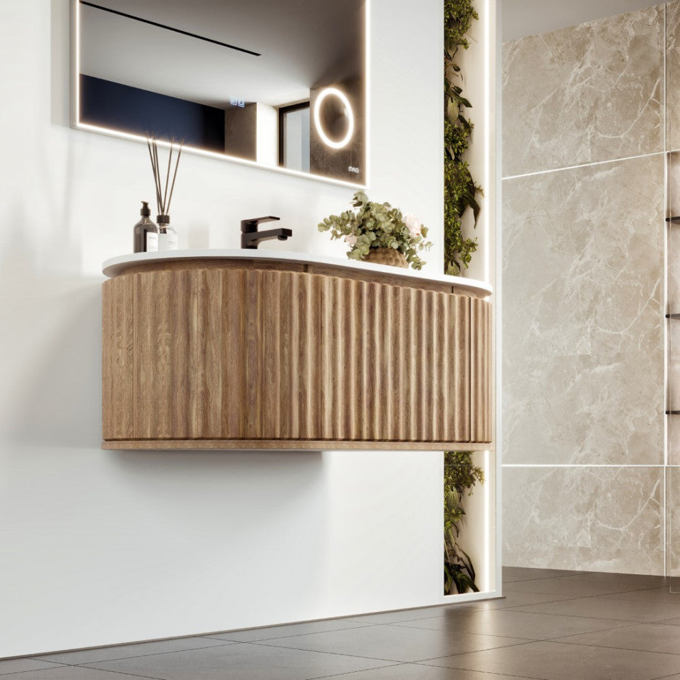 Eviva Haven 39" Medium Oak Wall Mount Vanity, White Solid Surface Integrated Top