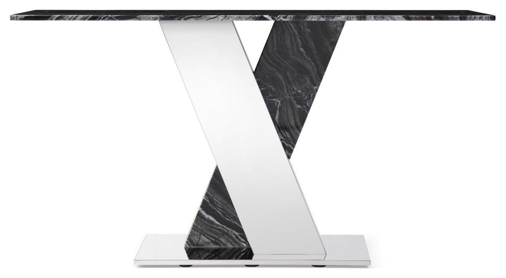 Malbec Console Table White Carrara Marble Top Geometric Stainless Steel Base