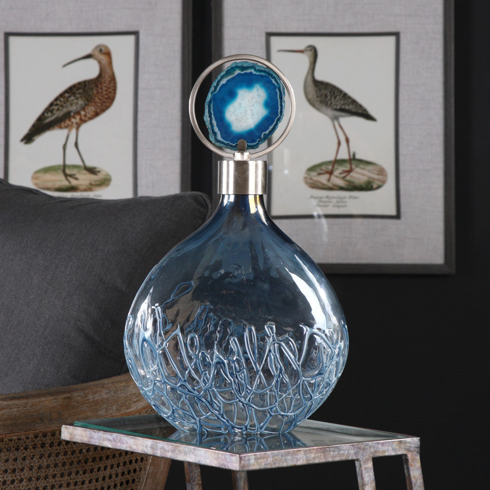 Uttermost Rae Coastal Iron and Glass Bottle in Sky Blue/Nickel