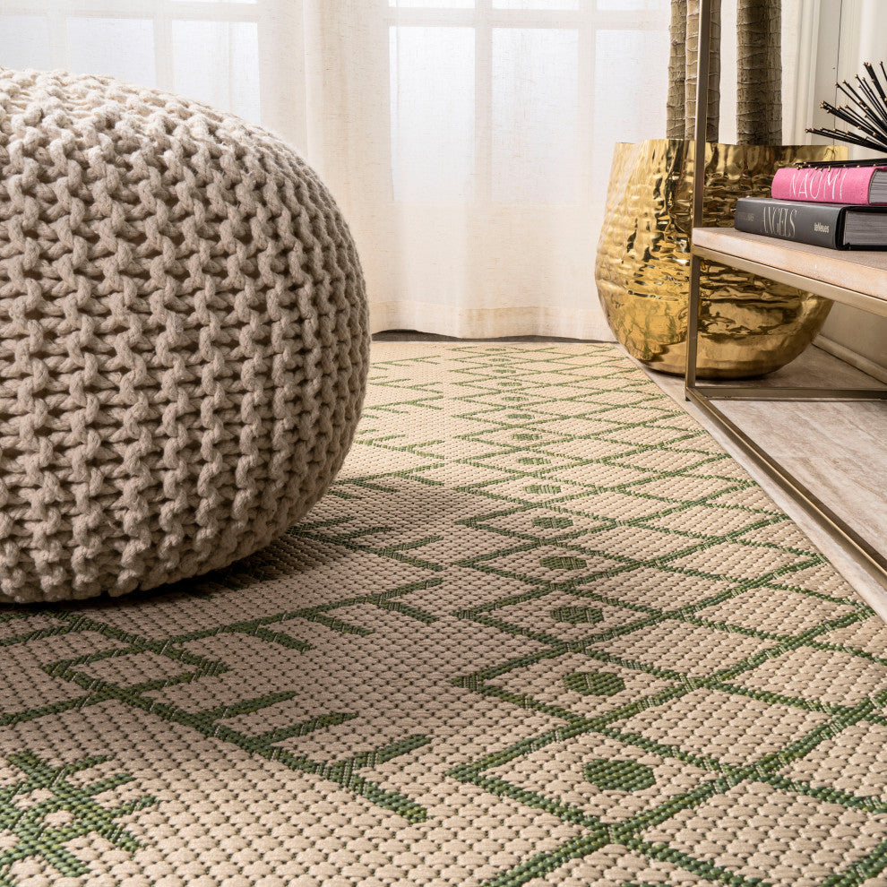 Boho Moroccan Indoor/Outdoor Area Rug, Beige/Green, 3'x5'