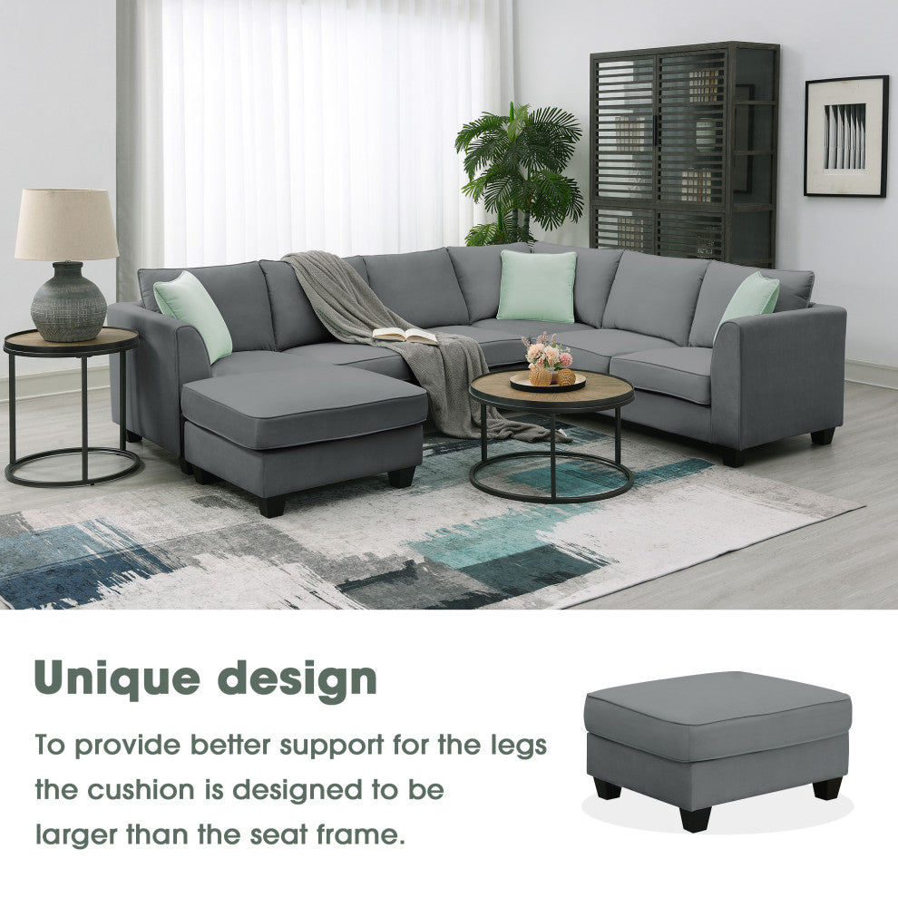 7-Seat Fabric Modular Sectional Sofa Couch Set with Ottoman and Pillows, Grey