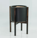 Large Ceramic Planter Cylinder Pot 10" Black With Plant Stand Dark Walnut