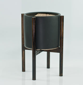 Large Ceramic Planter Cylinder Pot 10" Black With Plant Stand Dark Walnut