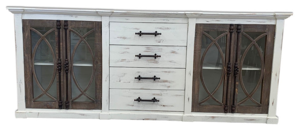 Large Media Console With Iron Hardware, White With Brown Doors