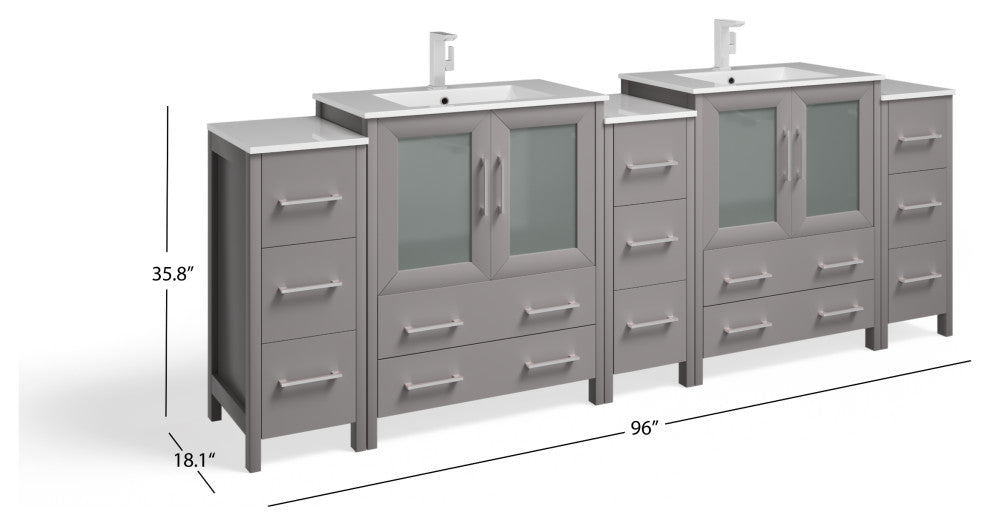 The Pullman Bathroom Vanity, Gray, 96", Double Sink, Freestanding