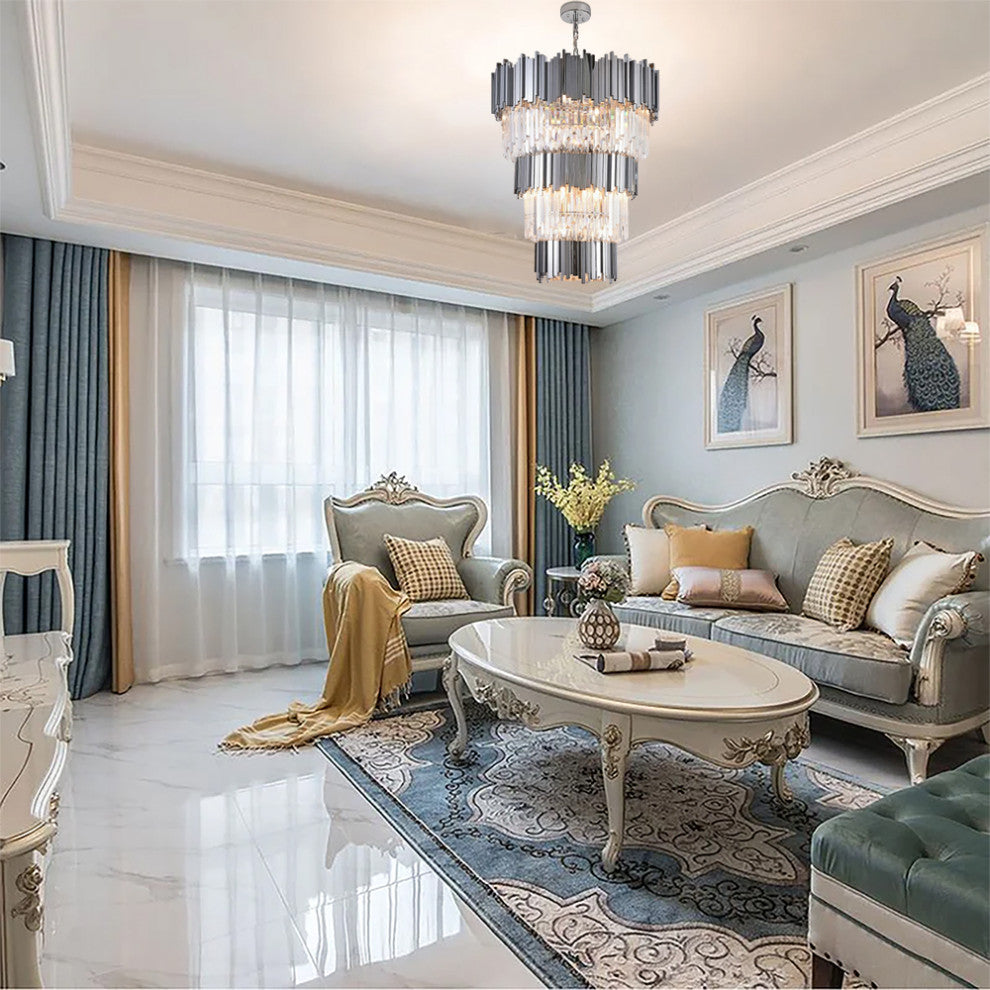 3-Tier Chrome Bar Rod Frame Chandelier, Clear Crystal Drops