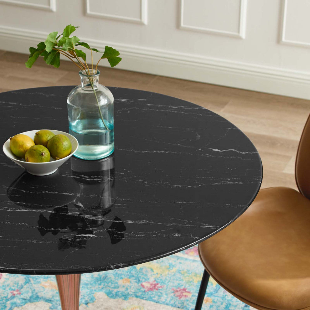 Dining Table, Round, Artificial Marble, Metal, Rose Gold Black, Modern, Bistro